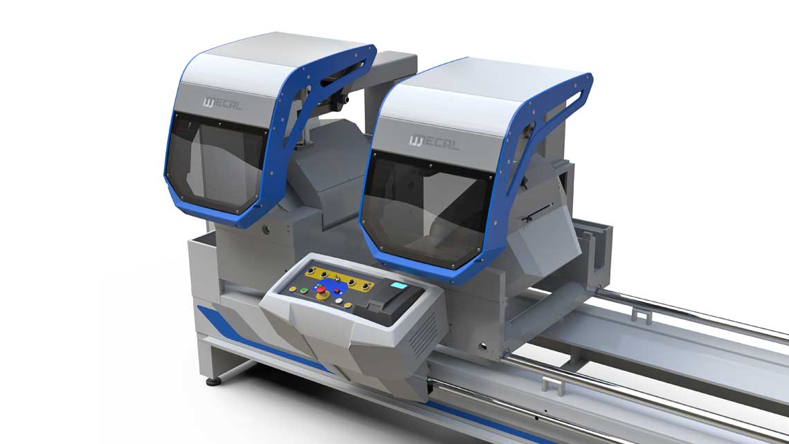 AMV Design, Mecal,troncatrice estrusi, troncatrice a doppia testa, lama a scomparsa, troncatrice doppia per il taglio di estrusi in alluminio, double mitre saw to cut aluminum extrusions, troncatrice per estrusi