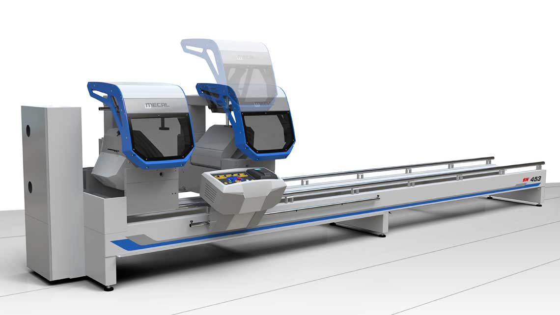 AMV Design, Mecal,troncatrice estrusi, troncatrice a doppia testa, lama a scomparsa, troncatrice doppia per il taglio di estrusi in alluminio, double mitre saw to cut aluminum extrusions, troncatrice per estrusi