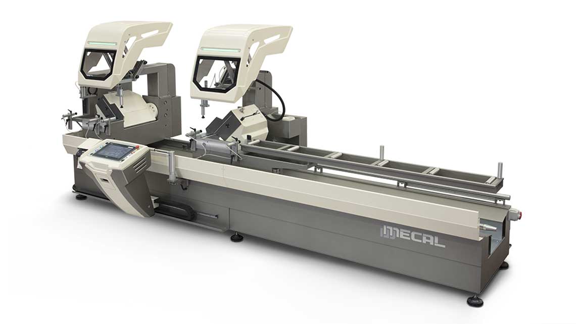 AMV Design, Mecal,troncatrice estrusi, troncatrice a doppia testa, lama a scomparsa, troncatrice doppia per il taglio di estrusi in alluminio, double mitre saw to cut aluminum extrusions, troncatrice per estrusi